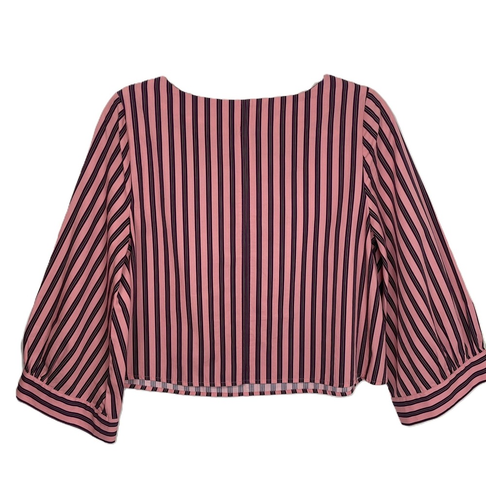Topshop US 6 Pink Purple Black Stripe Cropped Puff Sleeve Cotton‎ Blouse - Picture 2 of 13